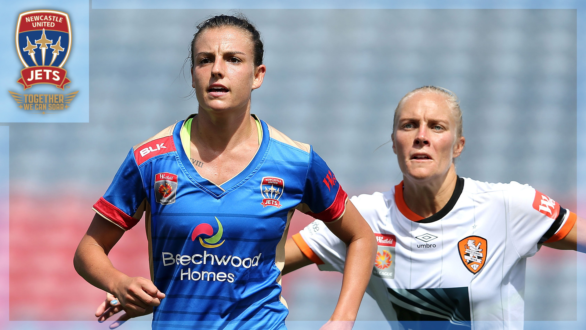Chloe Logarzo in action for Jets Women against Brisbane Roar in the Westfield W-League